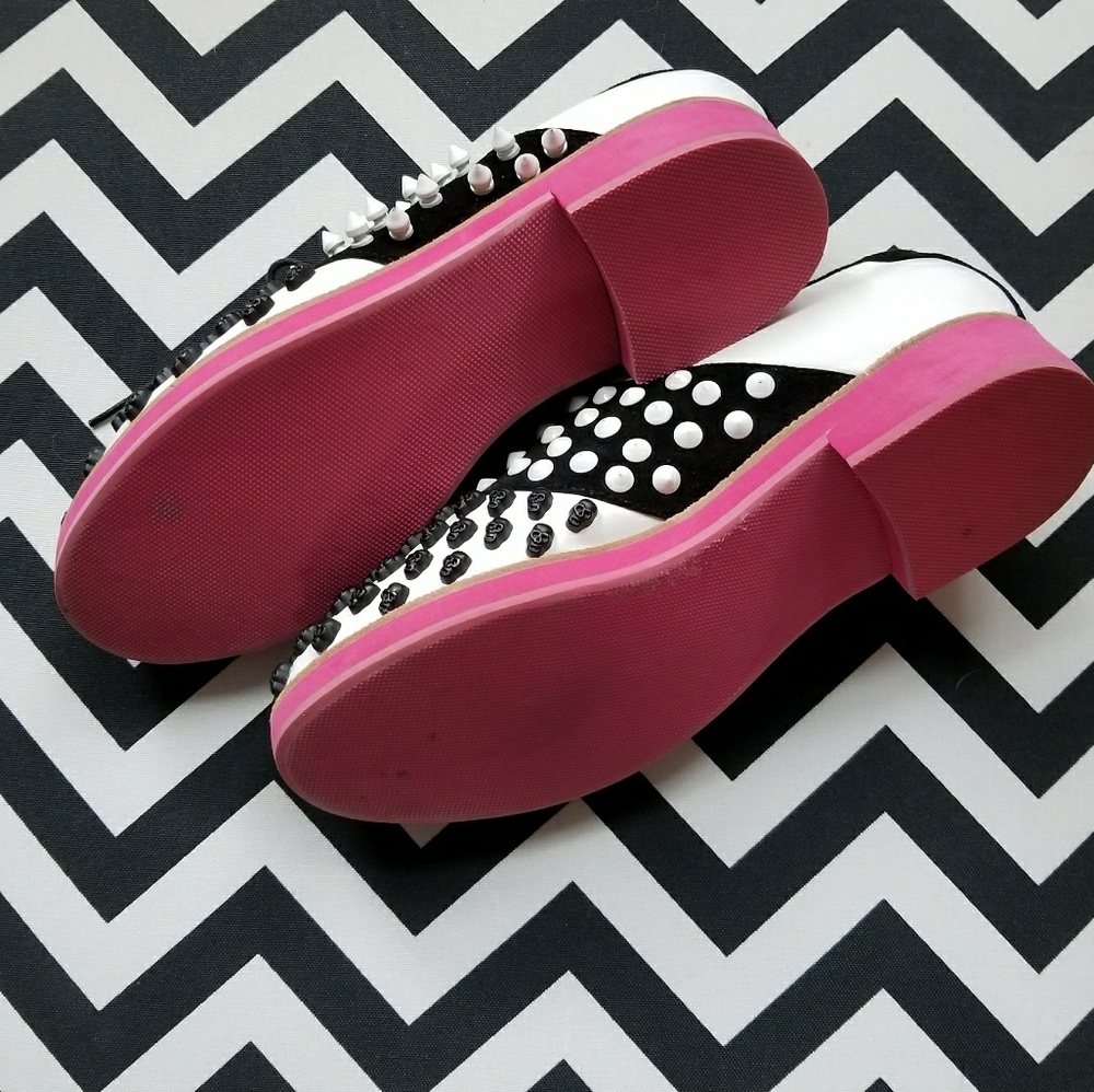 Jeffrey Campbell Black & White Studded Lace-Up Flats with Pink Soles - Picture 3 of 4